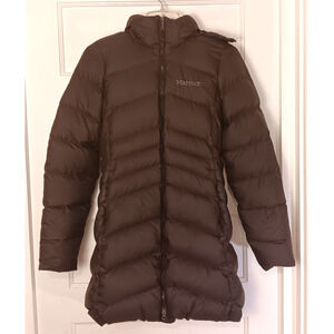 Marmot Montreal Down Coat S/P Brown Parka Puffer 700 Fill Faux Fur Hood Winter